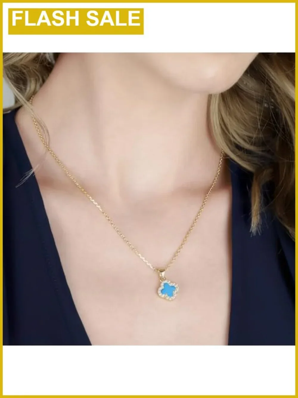 18K Gold Plated Stainless Steel Clover Pendant Necklace Cubic Zirconia
